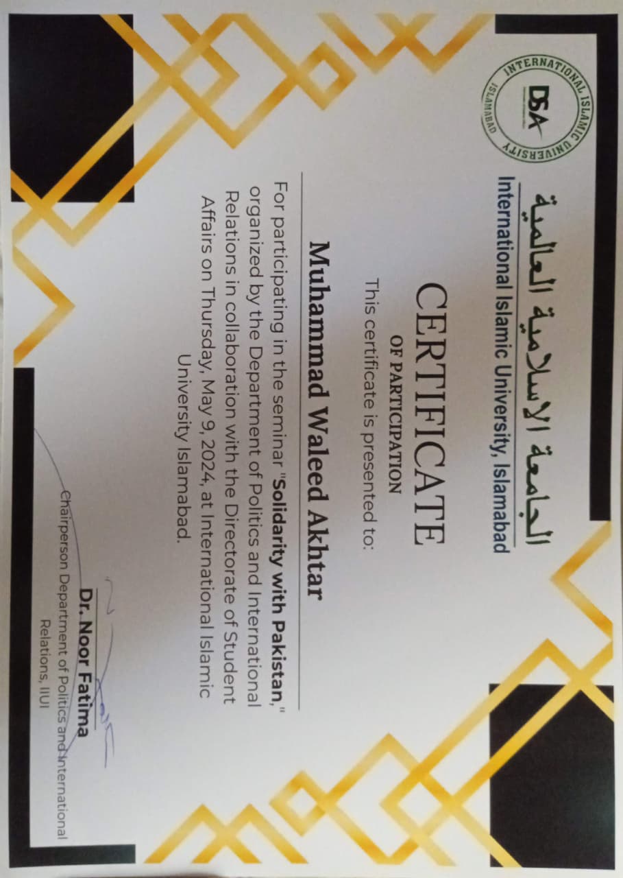 Solidarity with Pakistan Seminar certificate — Muhammad Waleed Akhtar