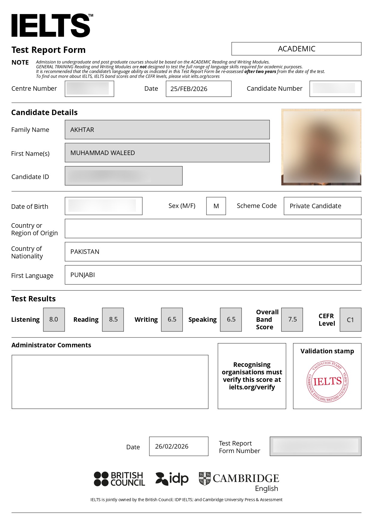 IELTS Academic certificate — Muhammad Waleed Akhtar