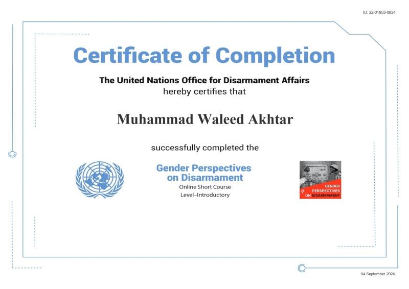 Gender Perspectives on Disarmament certificate — Muhammad Waleed Akhtar