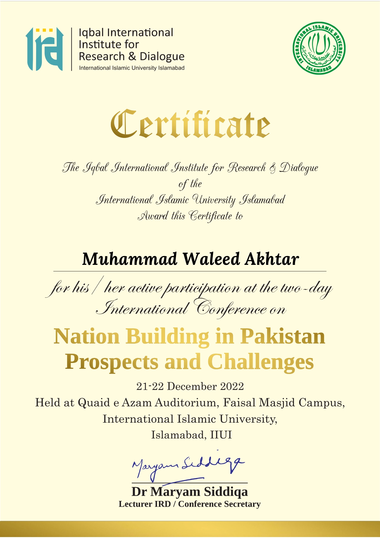 International Conference on Nation Building in Pakistan: Prospects and Challenges certificate — Muhammad Waleed Akhtar