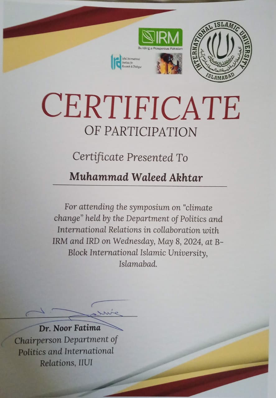 Climate Change Symposium certificate — Muhammad Waleed Akhtar