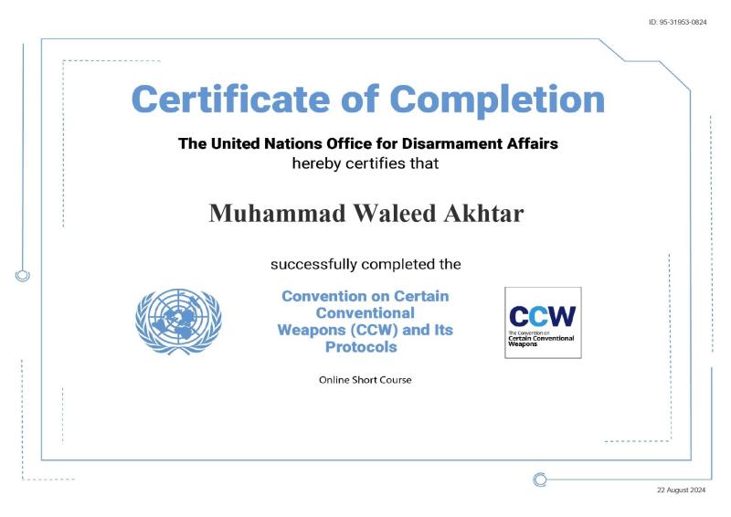 Convention on Certain Conventional Weapons (CCW) and Its Protocols certificate — Muhammad Waleed Akhtar