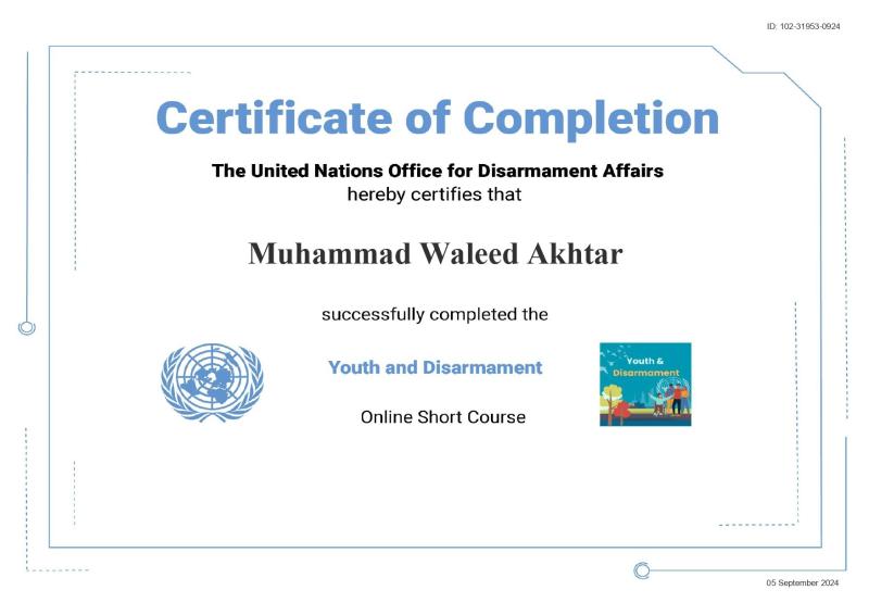 Youth and Disarmament certificate — Muhammad Waleed Akhtar