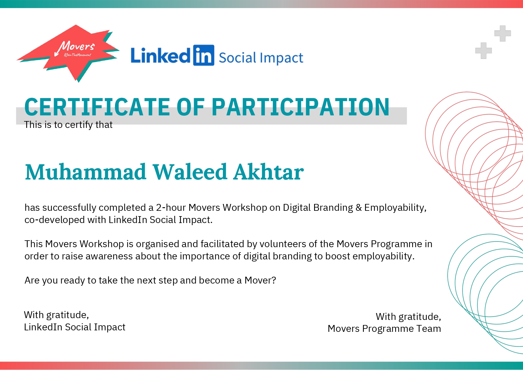 Digital Branding & Employability Workshop certificate — Muhammad Waleed Akhtar