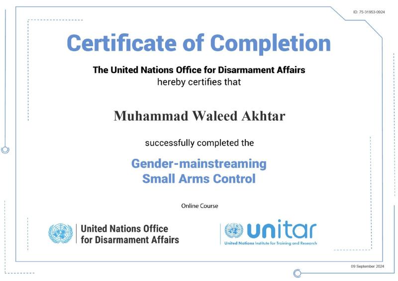 Gender-mainstreaming Small Arms Control certificate — Muhammad Waleed Akhtar