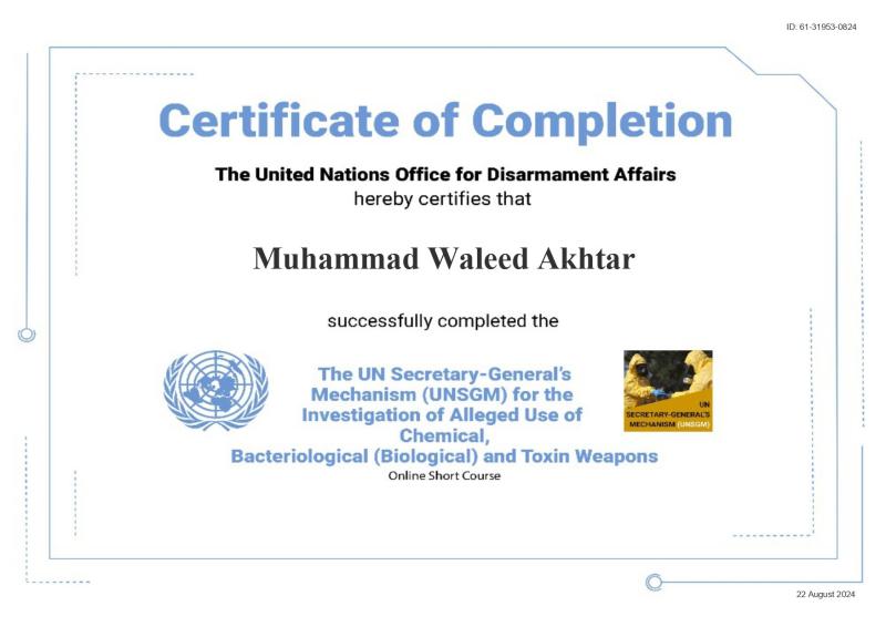 The UN Secretary-General's Mechanism (UNSGM) certificate — Muhammad Waleed Akhtar