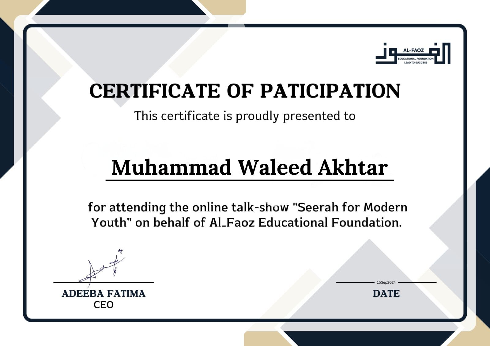 Seerah for Modern Youth certificate — Muhammad Waleed Akhtar
