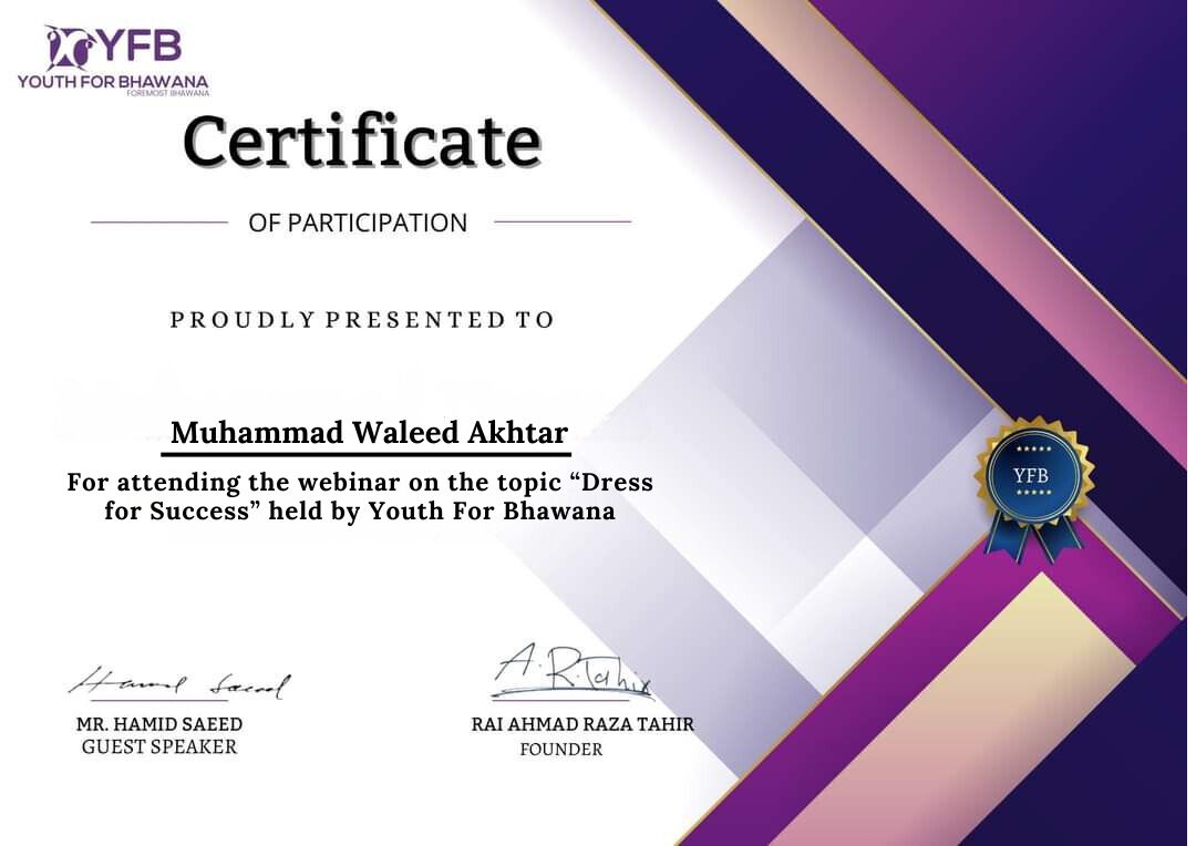 Dress for Success Webinar certificate — Muhammad Waleed Akhtar