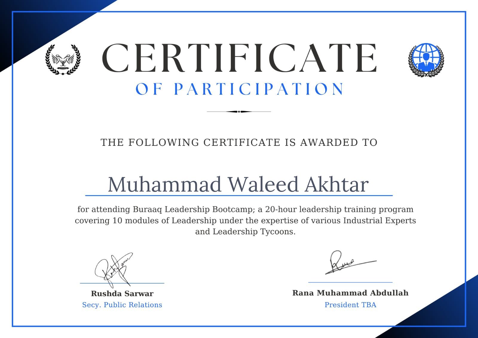 Buraaq Leadership Bootcamp certificate — Muhammad Waleed Akhtar